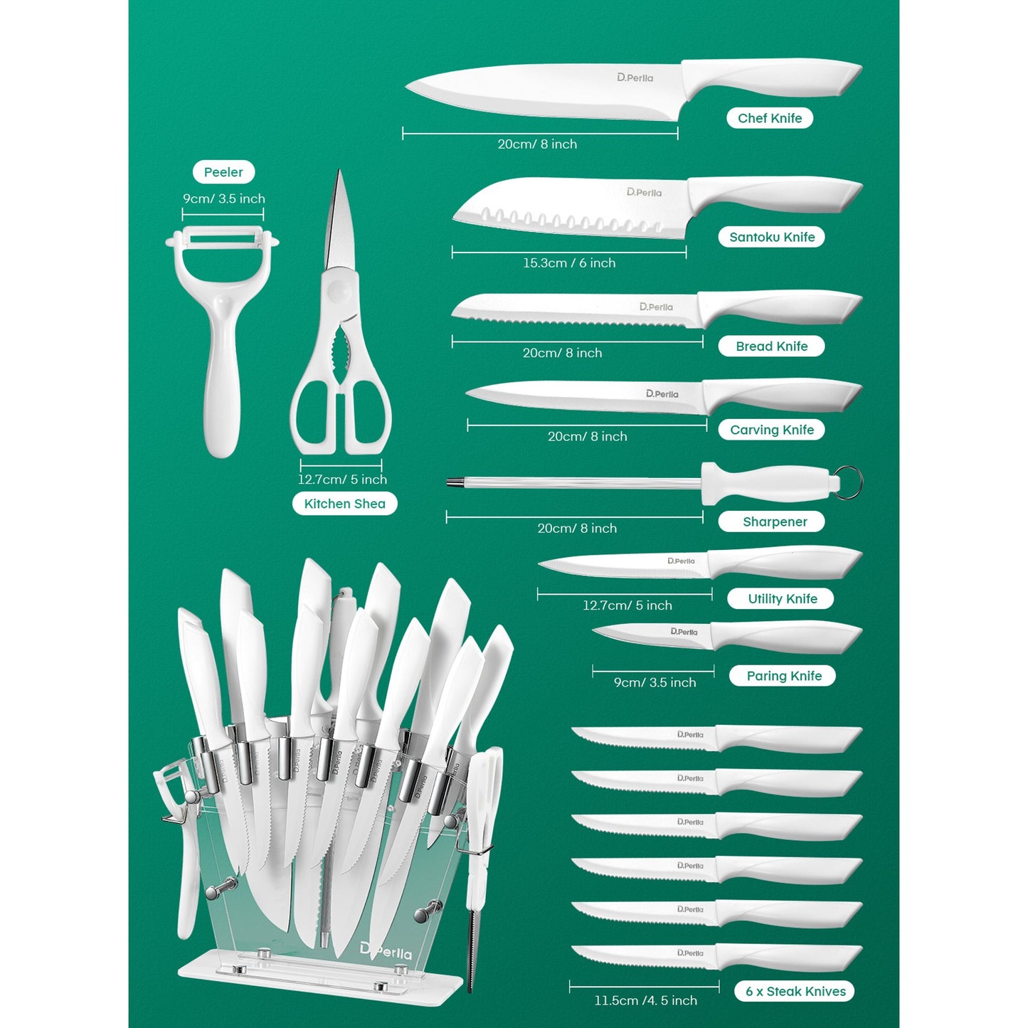 D.Perlla16 Pieces Kitchen Knife Set with Acrylic Stand, White