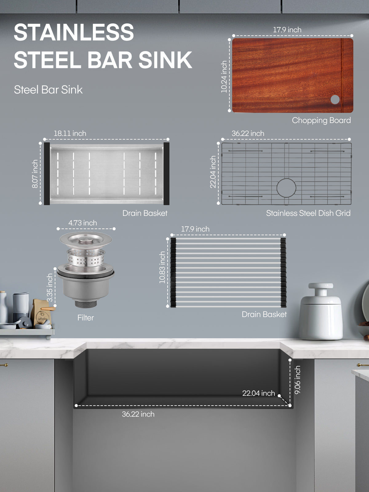 36 inch Kitchen Drop-In Sink, 304 Stainless Steel Top Mount Single Bowl Basin with Farm Sink Accessories, Single Bowl Sets for Kitchen, Workstation, and Bar