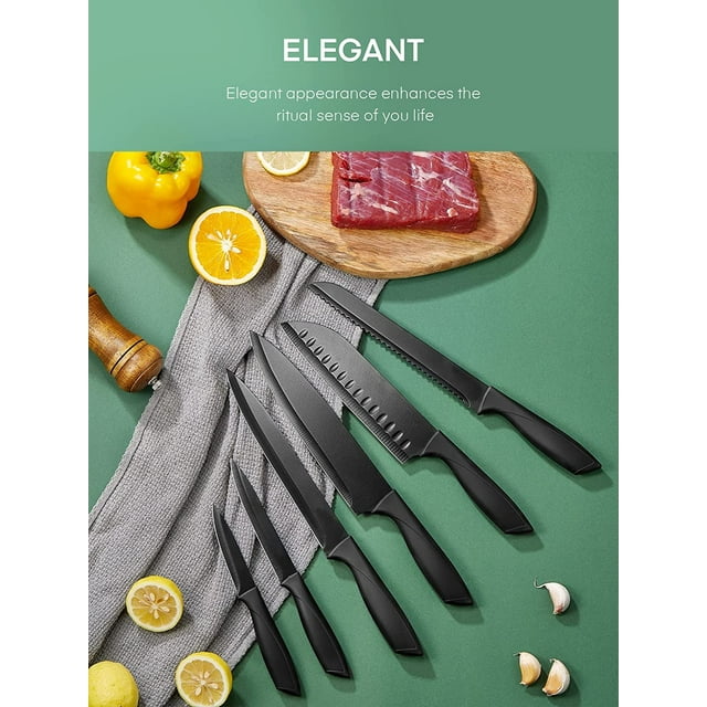 Knife Set 6 Piece, Black Chef Knives with Sharp Blades Nonstick Coating Easy Grip Handle
