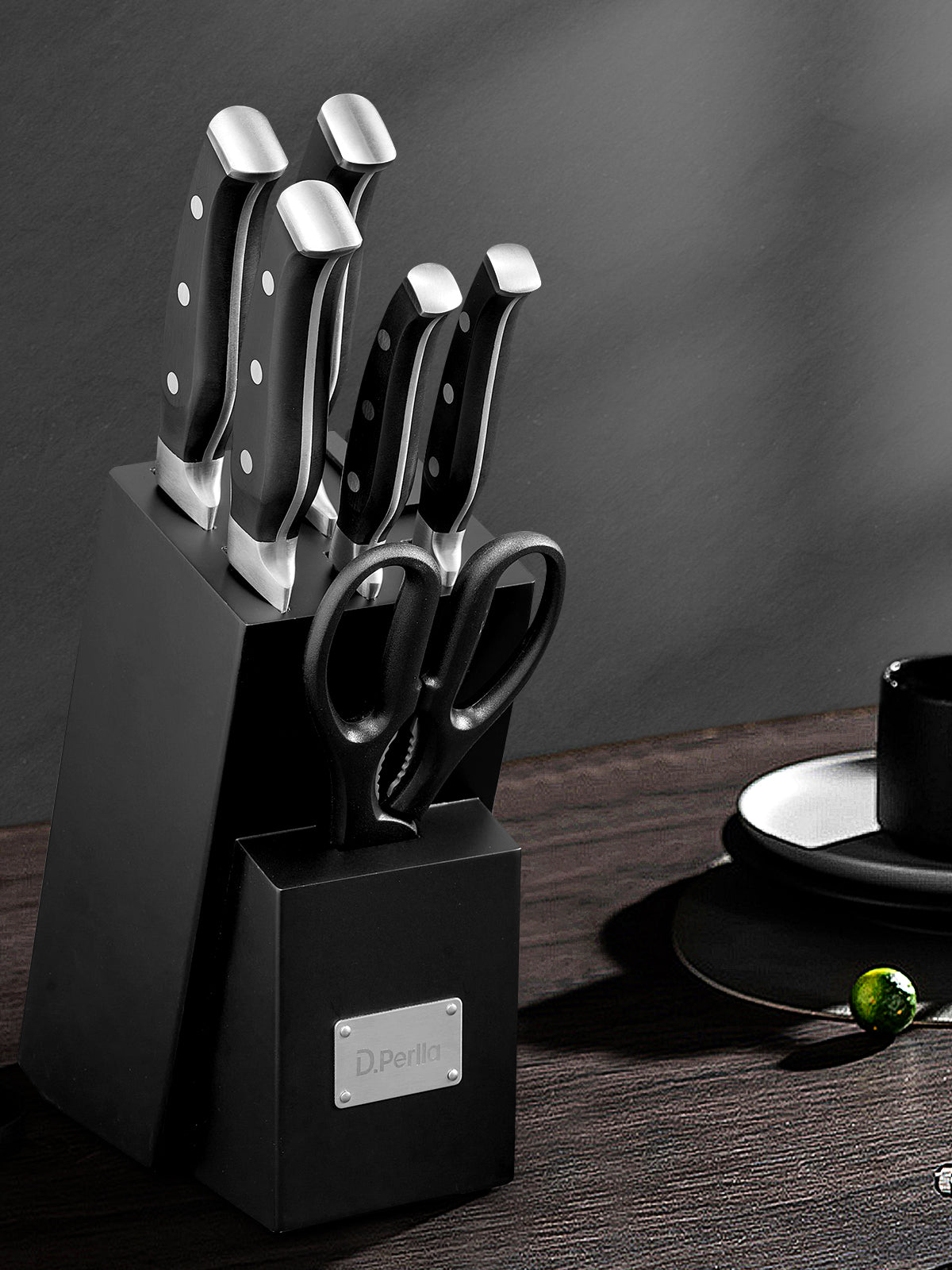 D.Perlla Knife Set, 7 Pieces Carbon Stainless Steel Kitchen Knives Block Set with Built-in Sharpener