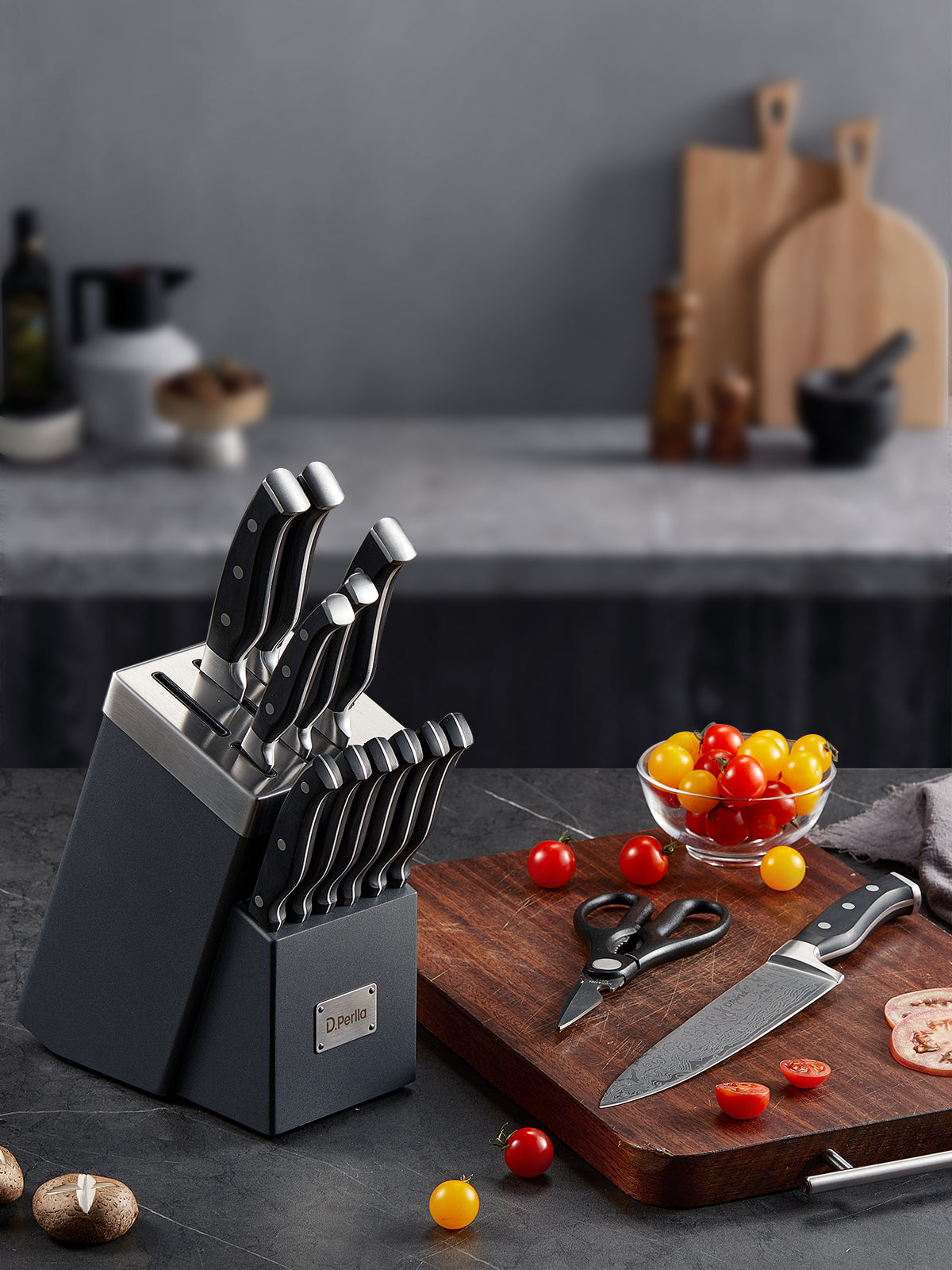 Knife Set, D.Perlla Knife Block Set with Advanced Self-Sharpening Technology, 14-Piece Waved Texture Kitchen Knives, Stainless Steel Knife Set with Block, Razor-Sharp and Full Tang Handle