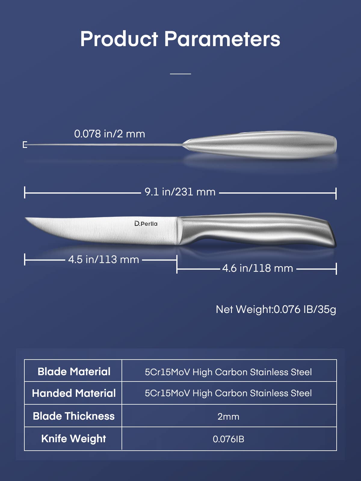 D.Perlla Steak Knives, Non Serrated Stainless Steel Sharp Steak Knife Set of 8 with Gift Box