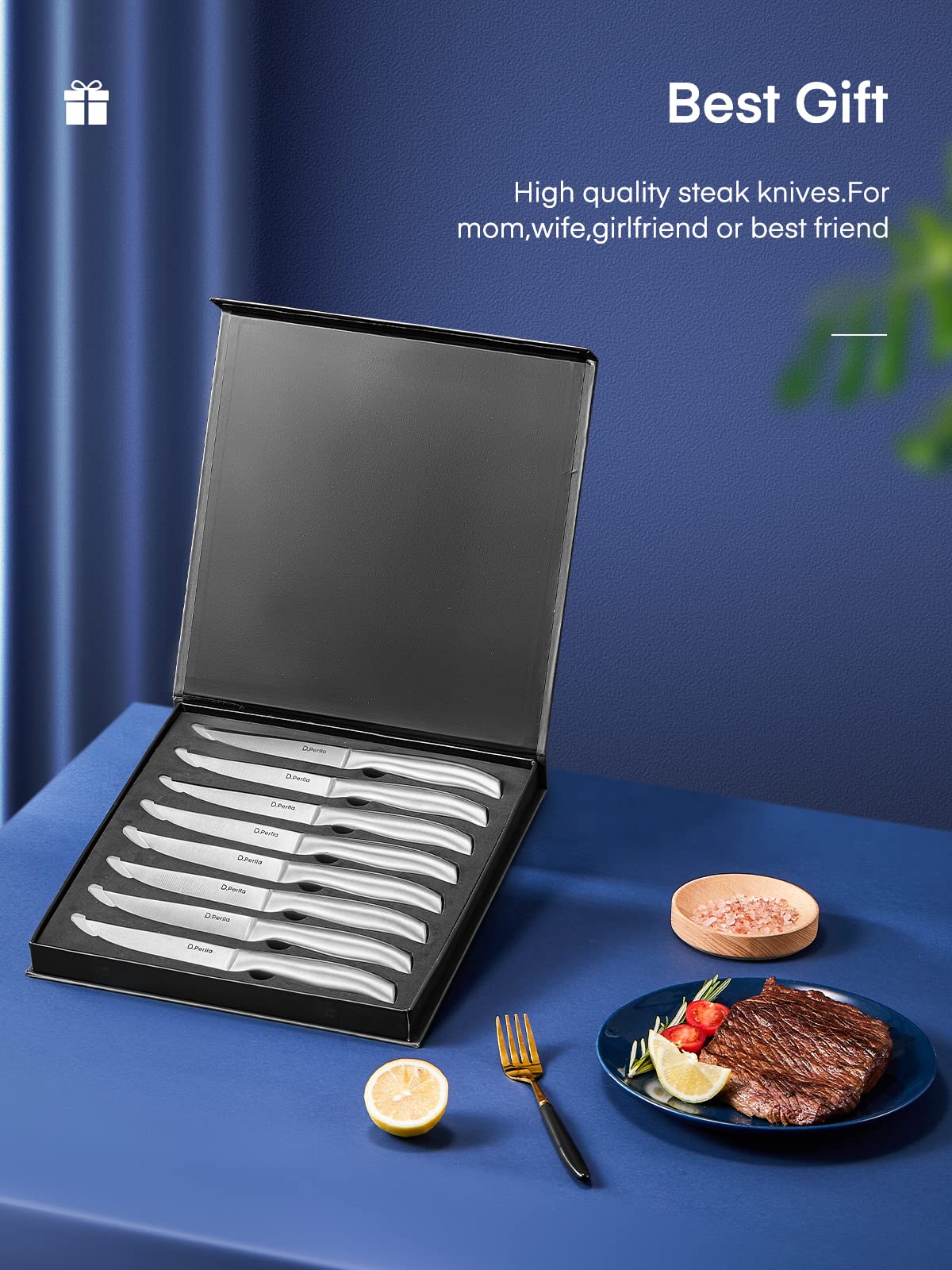 D.Perlla Steak Knives, Non Serrated Stainless Steel Sharp Steak Knife Set of 8 with Gift Box