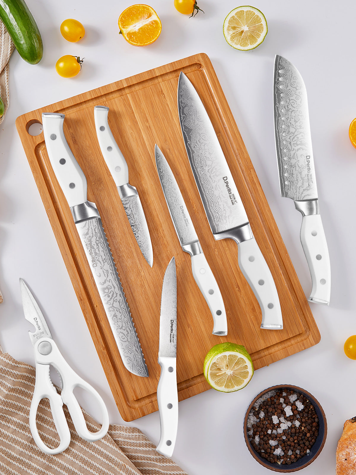 D.Perlla Knife Set, 14 Pieces Stainless Steel Sharp Block Knives Set with Built-in Sharpener, White