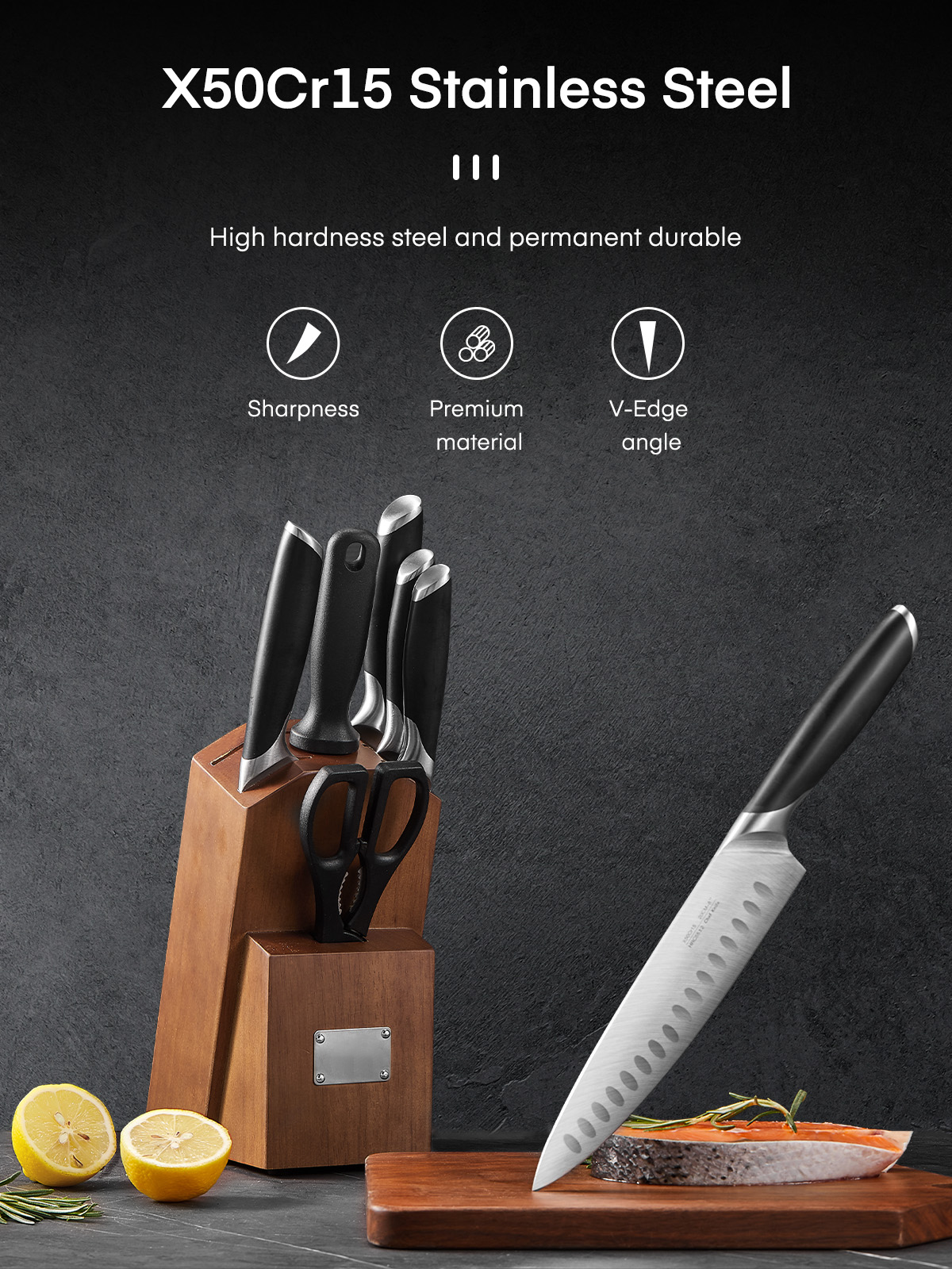 Knife Set, 8-Piece Premium Knife Block Set with High Carbon German Steel, 5 Knives, Sharpening Steel, Multi-Purpose Scissors, Block of Wood, Ergonomic ABS Handle