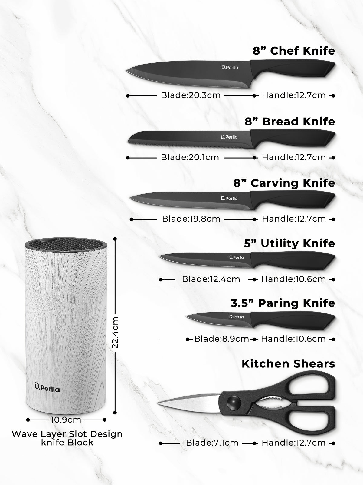 D.Perlla 7 Pieces Knife Set with Round Knife Block