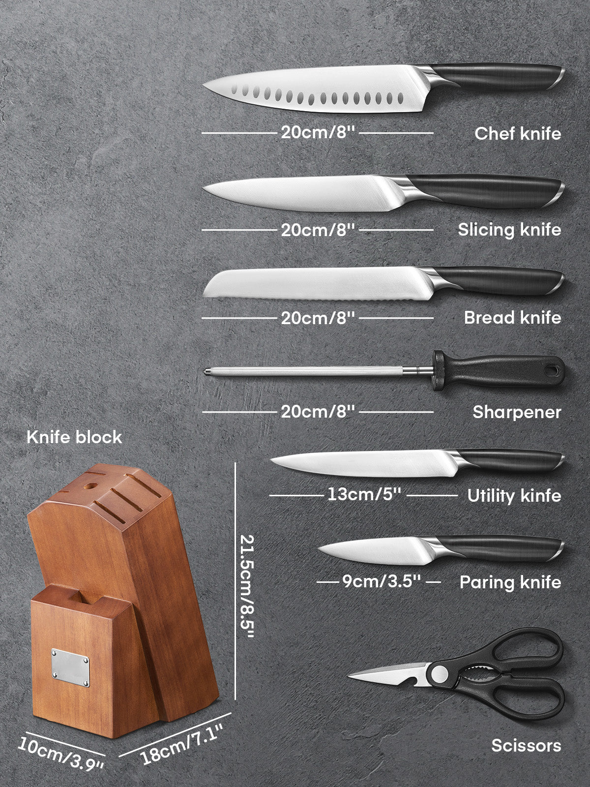 Knife Set, 8-Piece Premium Knife Block Set with High Carbon German Steel, 5 Knives, Sharpening Steel, Multi-Purpose Scissors, Block of Wood, Ergonomic ABS Handle