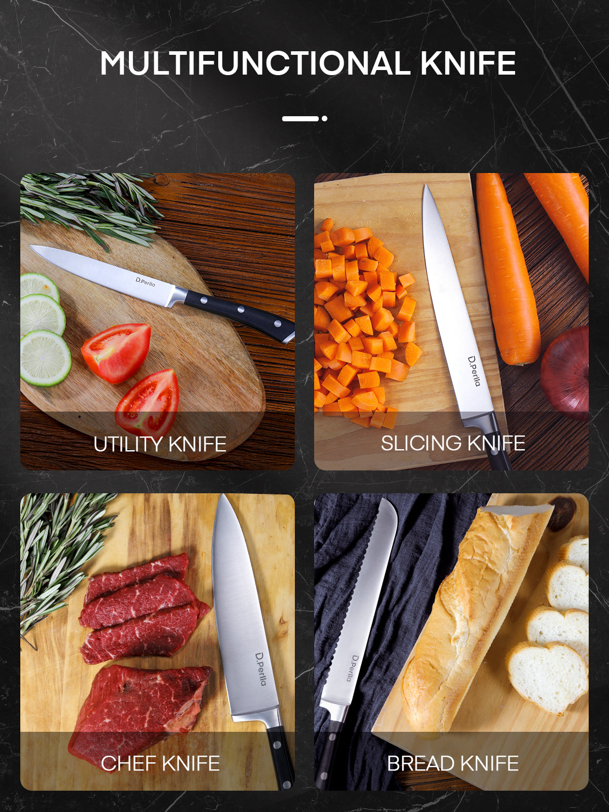 Knife Set, D.Perlla 6 Pieces Small Kitchen Knife Set with Block, German Stainless Steel Knives Set, Sharp Chef Knife Block Set, Black