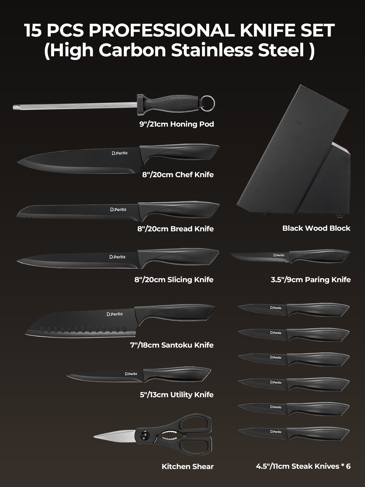 Knife Set, D.Perlla 15 Pieces Knife Sets for Kitchen with Block, Dishwasher Safe Kitchen Knife Set with Sharpener Rod, Black Coating German Stainless Steel Knife Block Set, Non-stick & Non Rust, Black