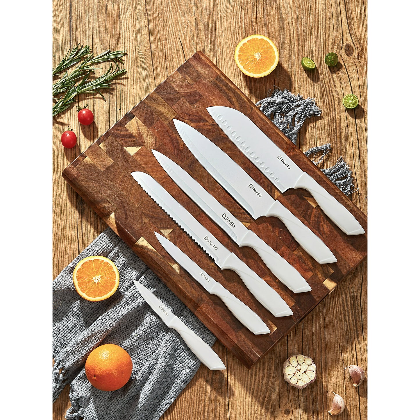 D.Perlla Knife Set with Acrylic Knife Holder 16 Pieces, White