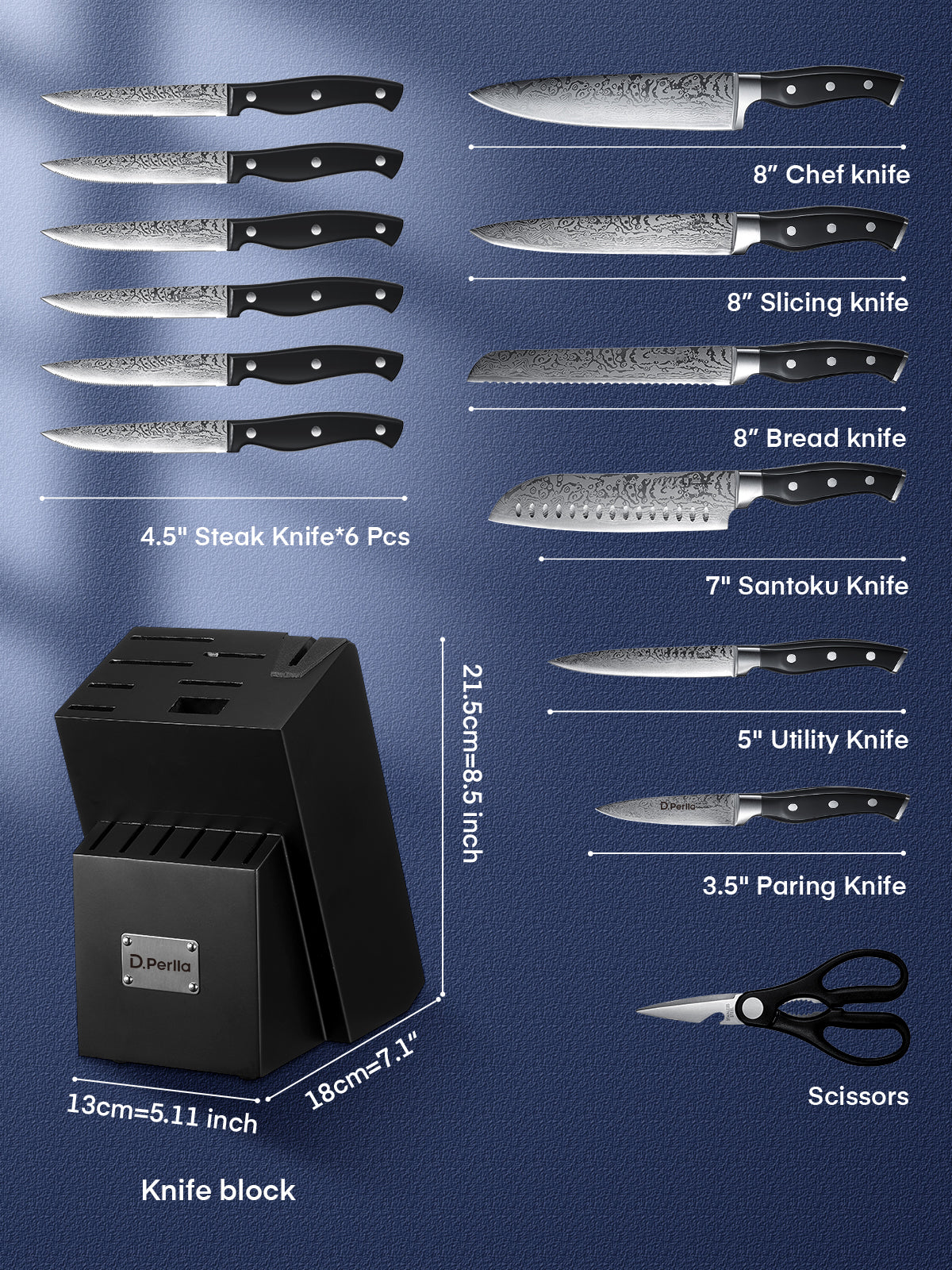 D.Perlla Knife Set, 14PCS German Stainless Steel Kitchen Knives Block Set with Built-in Sharpener, Black