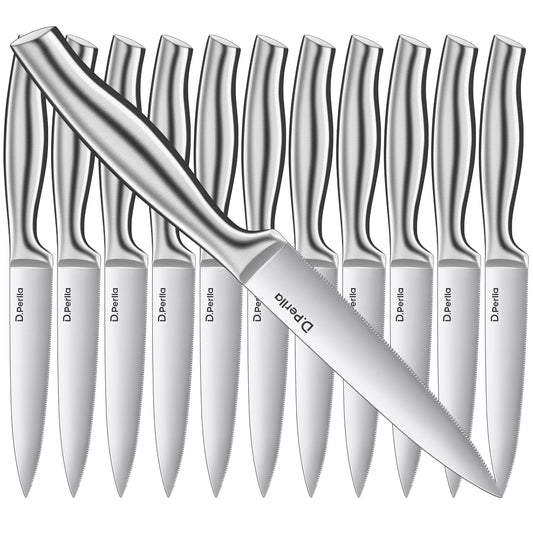 D.Perlla 12 Pieces Steak Knife Set Micro Serrated Steak Knives High Carbon Stainless Steel Dinner Knives, 4.5 Inch