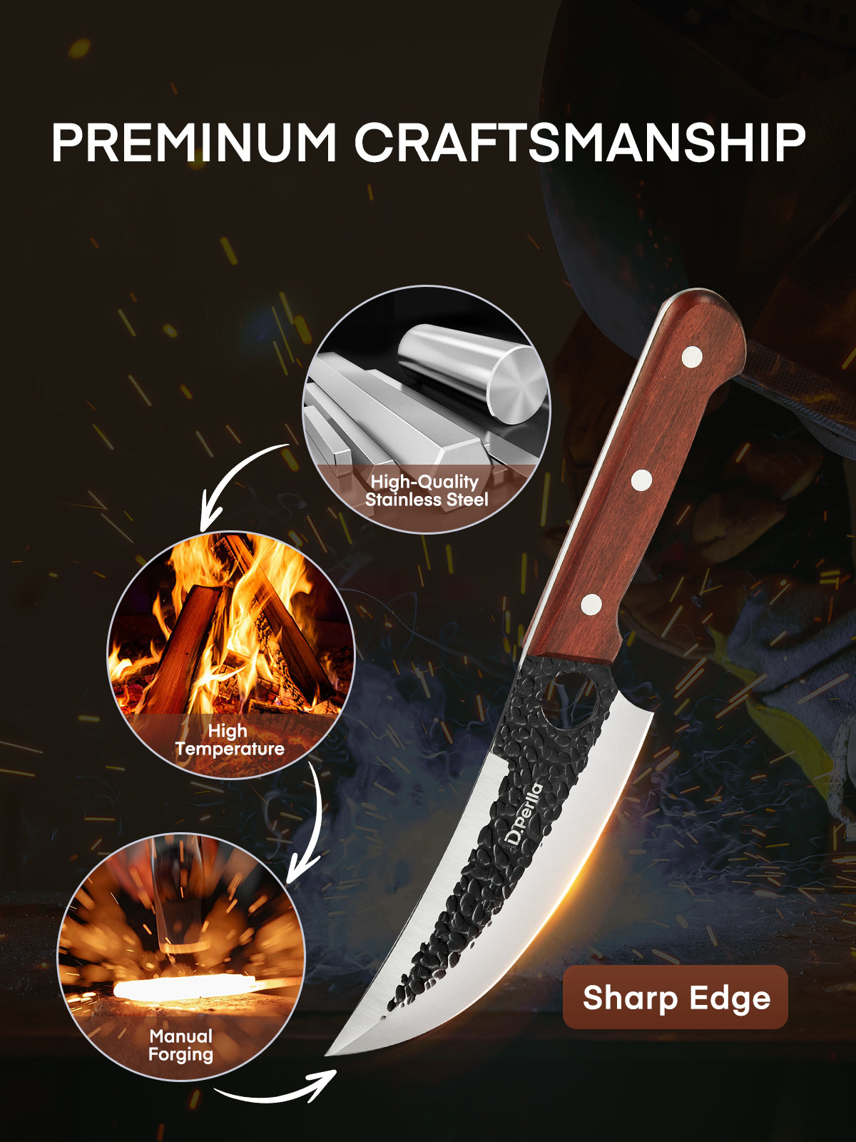 D.Perlla Butcher Knife Set 3PCS Cleaver Knives for Meat Cutting, Serbian Chef Knife Sets and Viking Knife with Wooden Handle, Kitchen Knives Set for Outdoor BBQ and Camping with Gift Box