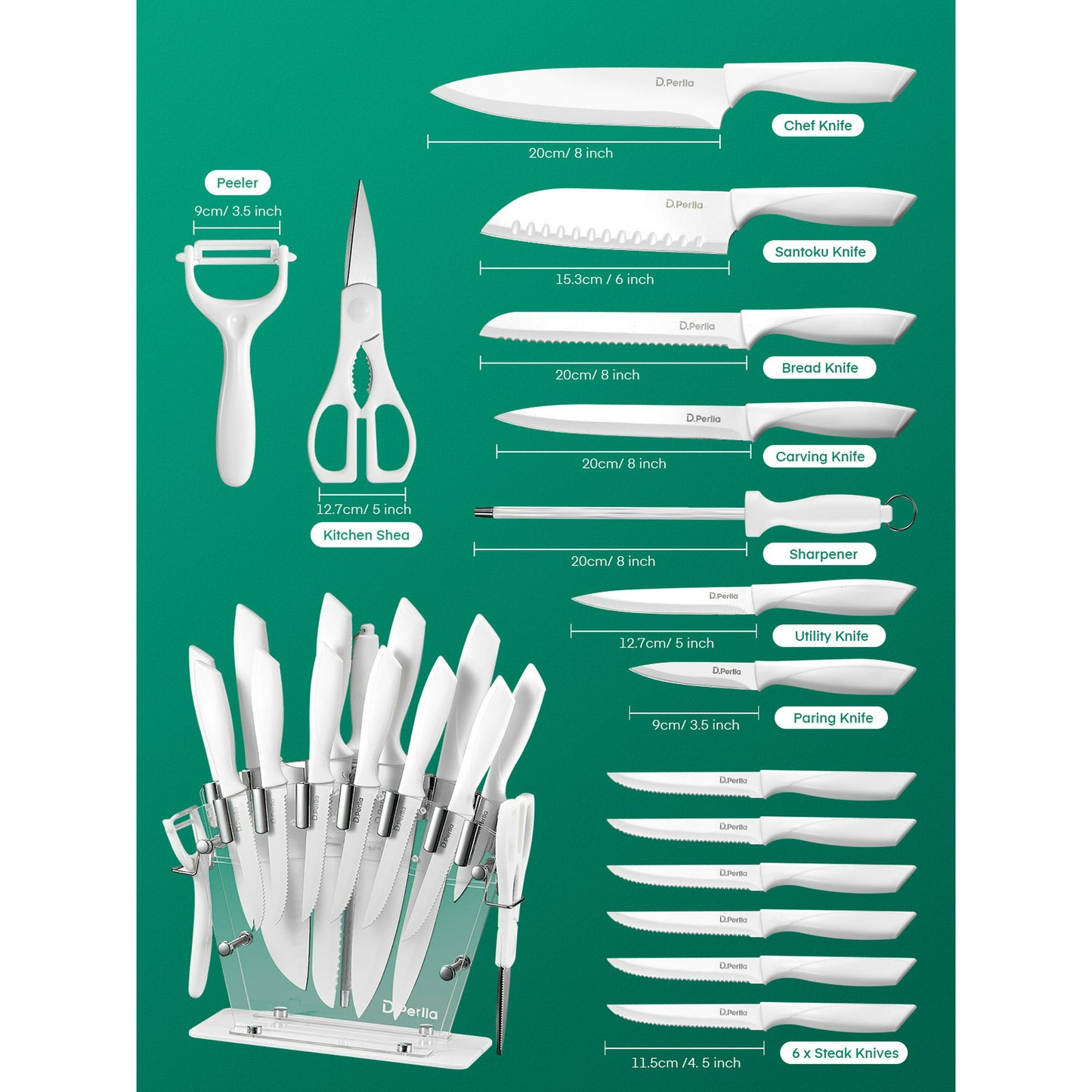 D.Perlla Knife Set with Acrylic Knife Holder 16 Pieces, White