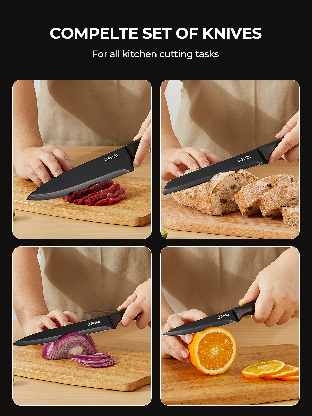 Knife Set, D.Perlla 15 Pieces Knife Sets for Kitchen with Block, Dishwasher Safe Kitchen Knife Set with Sharpener Rod, Black Coating German Stainless Steel Knife Block Set, Non-stick & Non Rust, Black