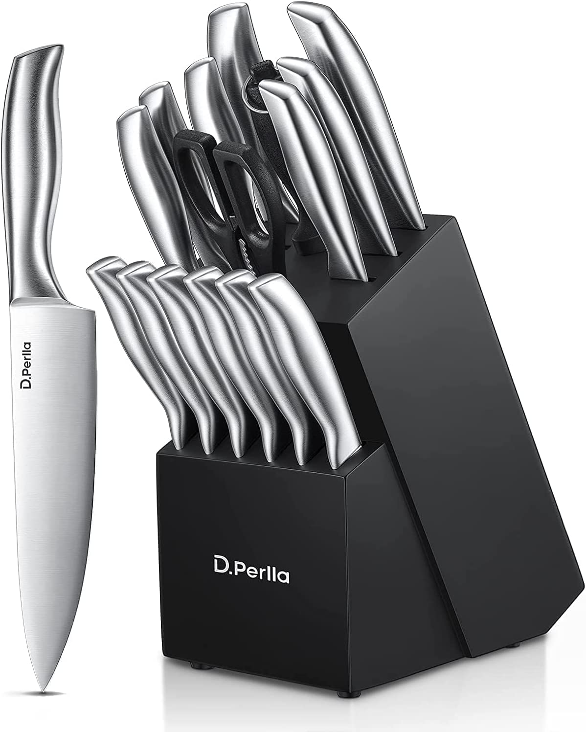 D.Perlla 16 Pieces Stainless Steel Knife Block Set with Hollow Handle, Black