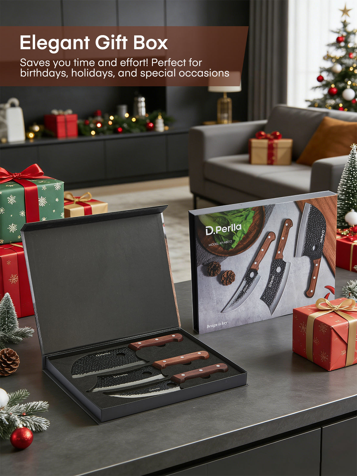 D.Perlla Butcher Knife Set 3PCS Cleaver Knives for Meat Cutting, Serbian Chef Knife Sets and Viking Knife with Wooden Handle, Kitchen Knives Set for Outdoor BBQ and Camping with Gift Box