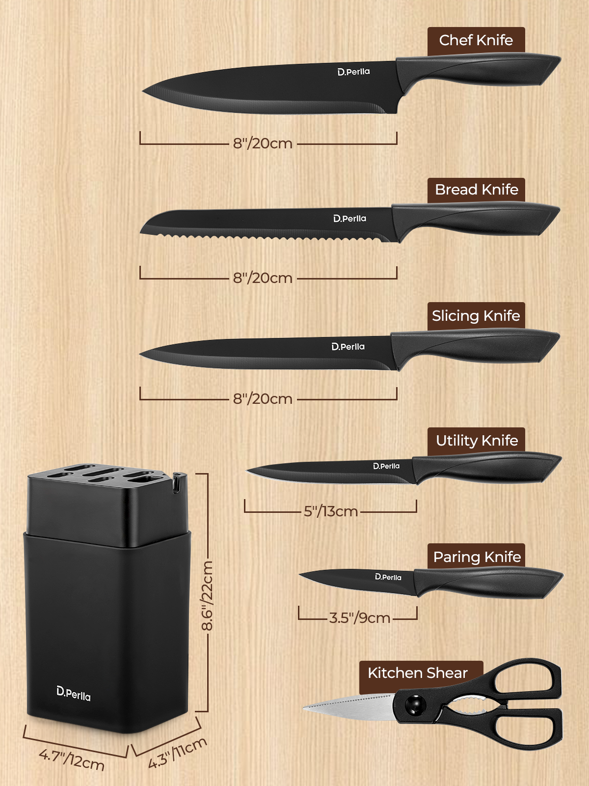 Knife Set, D.Perlla 8-Piece Knives Set with Built-in Sharpener, Dishwasher Safe, Non-stick & Non Rust, Black Coating Stainless Steel Knife Block Set, Sharp Chef Knives with Universal Knife Block