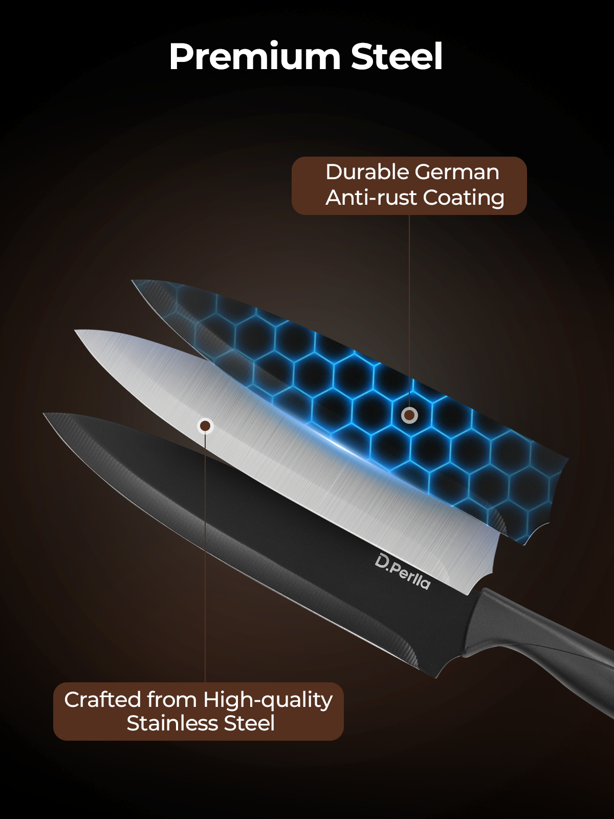 Knife Set, D.Perlla 8-Piece Knives Set with Built-in Sharpener, Dishwasher Safe, Non-stick & Non Rust, Black Coating Stainless Steel Knife Block Set, Sharp Chef Knives with Universal Knife Block