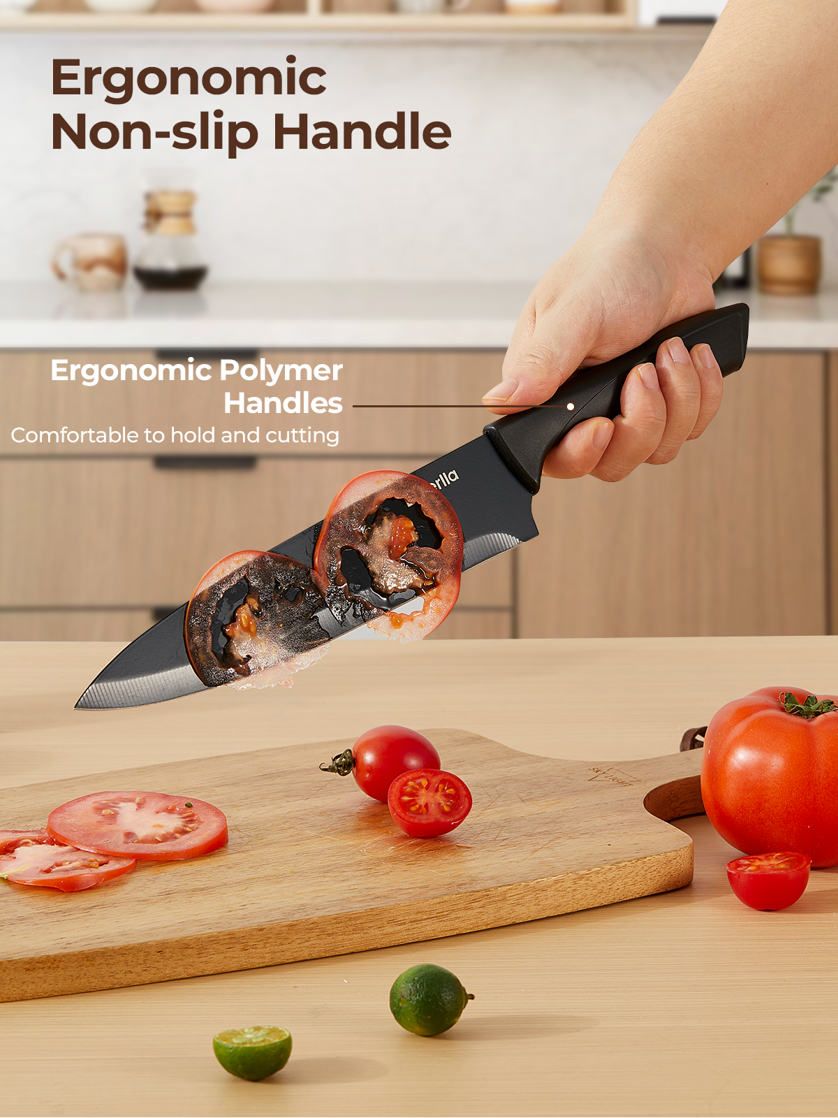 Knife Set, D.Perlla 8-Piece Knives Set with Built-in Sharpener, Dishwasher Safe, Non-stick & Non Rust, Black Coating Stainless Steel Knife Block Set, Sharp Chef Knives with Universal Knife Block