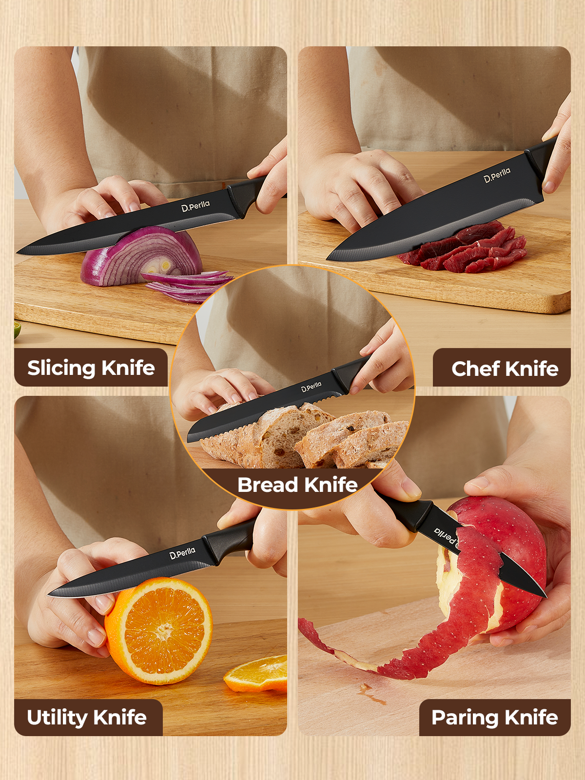 Knife Set, D.Perlla 8-Piece Knives Set with Built-in Sharpener, Dishwasher Safe, Non-stick & Non Rust, Black Coating Stainless Steel Knife Block Set, Sharp Chef Knives with Universal Knife Block