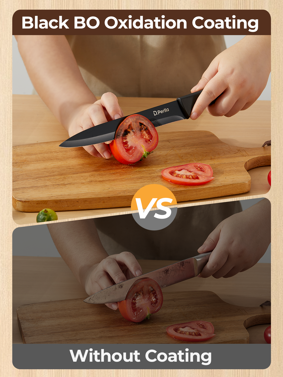 Knife Set, D.Perlla 8-Piece Knives Set with Built-in Sharpener, Dishwasher Safe, Non-stick & Non Rust, Black Coating Stainless Steel Knife Block Set, Sharp Chef Knives with Universal Knife Block