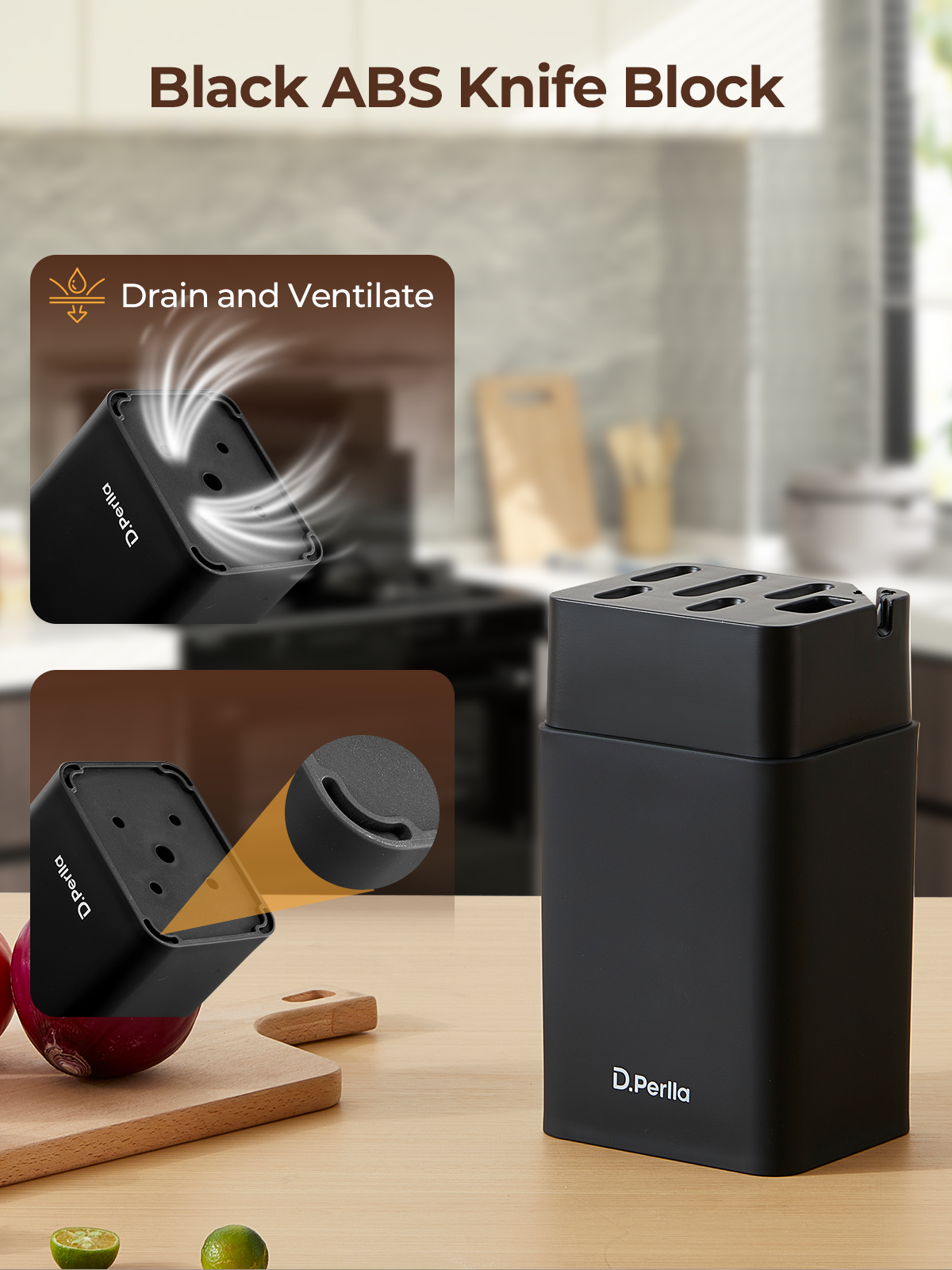 Knife Set, D.Perlla 8-Piece Knives Set with Built-in Sharpener, Dishwasher Safe, Non-stick & Non Rust, Black Coating Stainless Steel Knife Block Set, Sharp Chef Knives with Universal Knife Block