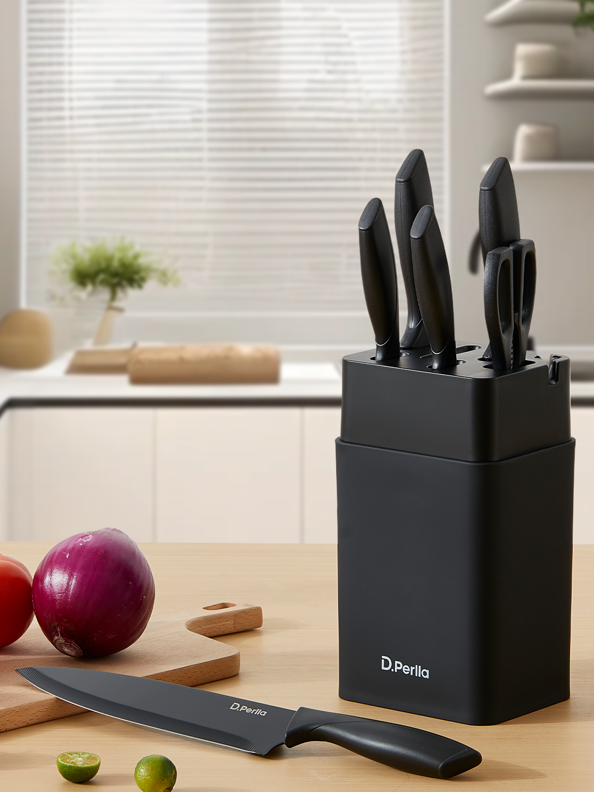 Knife Set, D.Perlla 8-Piece Knives Set with Built-in Sharpener, Dishwasher Safe, Non-stick & Non Rust, Black Coating Stainless Steel Knife Block Set, Sharp Chef Knives with Universal Knife Block