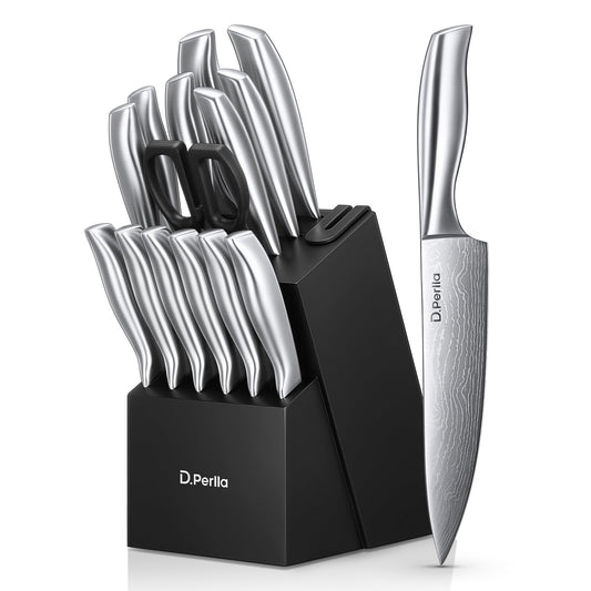  D.Perlla Knife Set with Block, 15 Pieces Stainless Steel  Kitchen Knife Set with BO Oxidation Technology, No Rust, Sharp Knife Block  Set: Home & Kitchen