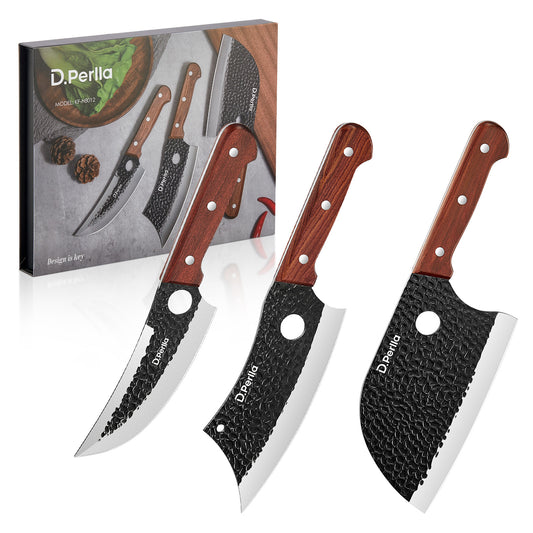 D.Perlla Butcher Knife Set 3PCS Cleaver Knives for Meat Cutting, Serbian Chef Knife Sets and Viking Knife with Wooden Handle, Kitchen Knives Set for Outdoor BBQ and Camping with Gift Box