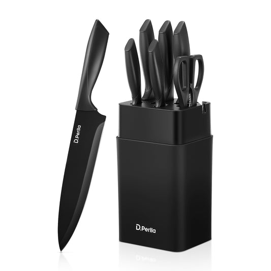 Knife Set, D.Perlla 8-Piece Knives Set with Built-in Sharpener, Dishwasher Safe, Non-stick & Non Rust, Black Coating Stainless Steel Knife Block Set, Sharp Chef Knives with Universal Knife Block