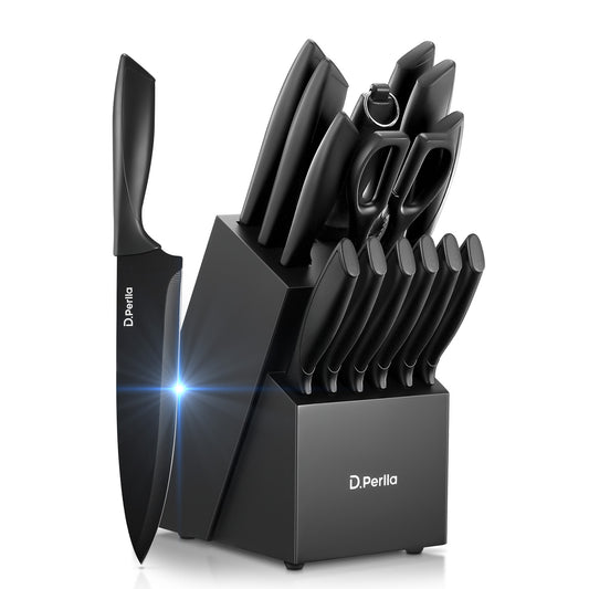 Knife Set, D.Perlla 15 Pieces Knife Sets for Kitchen with Block, Dishwasher Safe Kitchen Knife Set with Sharpener Rod, Black Coating German Stainless Steel Knife Block Set, Non-stick & Non Rust, Black