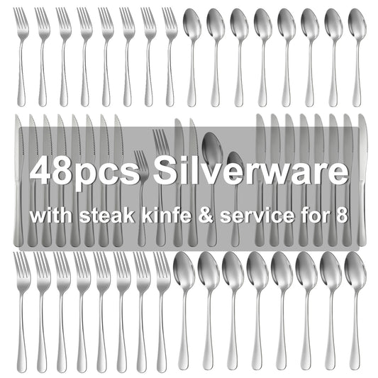 Silverware Set for 8, 48-Pieces Cutlery Set with Steak Knives, Stainless Steel Flatware Set Include Forks and Spoons Set, Dishwasher Safe Utensil Sets for Home Restaurant