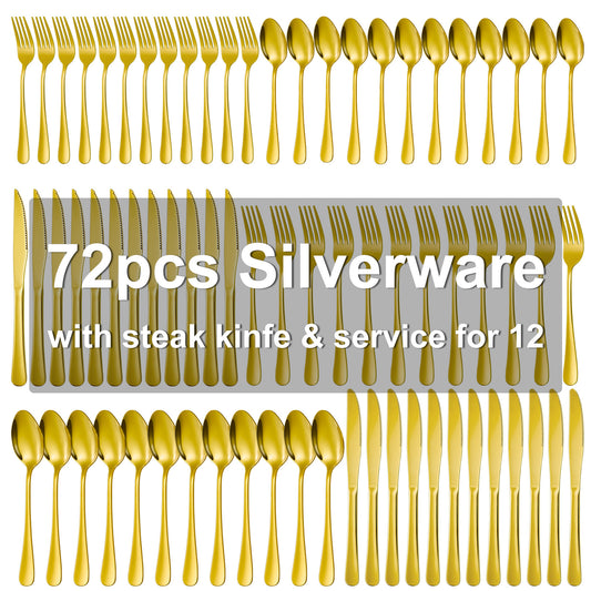 Silverware Set for 12, 72-Pieces Gold Cutlery Set with Steak Knives, Stainless Steel Flatware Set Include Forks and Spoons Set, Dishwasher Safe Utensil Sets for Home Restaurant