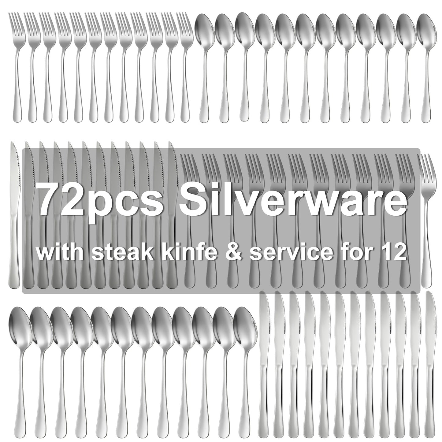 Silverware Set for 12, 72-Pieces Cutlery Set with Steak Knives, Stainless Steel Flatware Set Include Forks and Spoons Set, Dishwasher Safe Utensil Sets for Home Restaurant