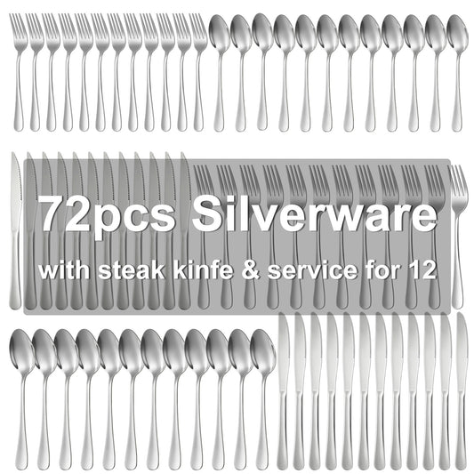 Silverware Set for 12, 72-Pieces Cutlery Set with Steak Knives, Stainless Steel Flatware Set Include Forks and Spoons Set, Dishwasher Safe Utensil Sets for Home Restaurant