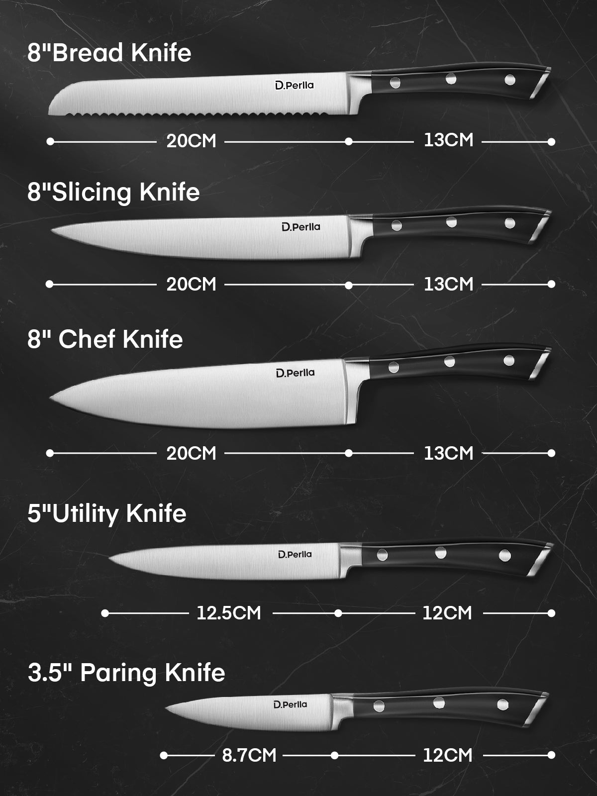 Knife Set, D.Perlla 6 Pieces Small Kitchen Knife Set with Block, German Stainless Steel Knives Set, Sharp Chef Knife Block Set, Black