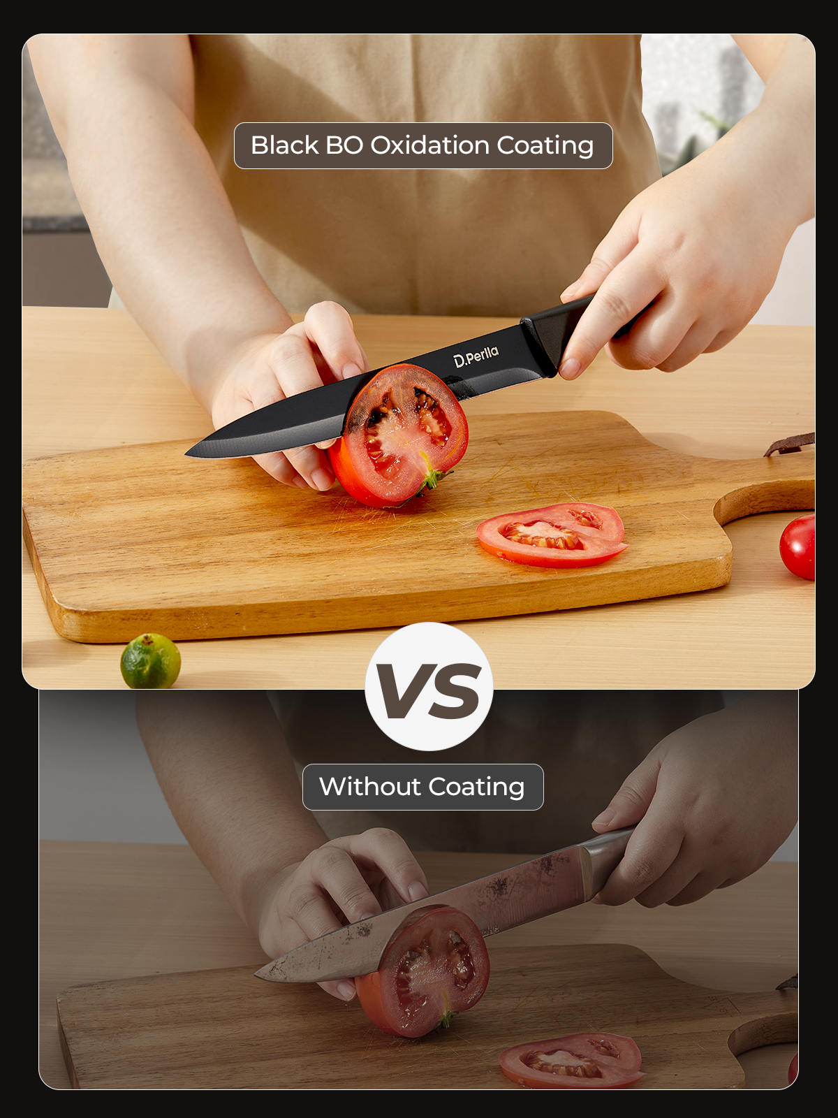 Knife Set, D.Perlla 15 Pieces Knife Sets for Kitchen with Block, Dishwasher Safe Kitchen Knife Set with Sharpener Rod, Black Coating German Stainless Steel Knife Block Set, Non-stick & Non Rust, Black