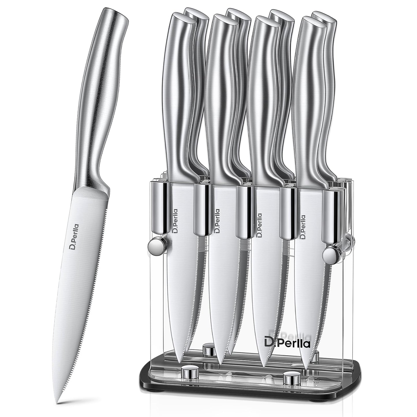 D.Perlla Steak Knives with Clear Acrylic Stand, Steak Knives Set of 8, 4.5 Inch Stainless Steel Steak Knife Set, Sharp Micro-Serrated Steak Knives with Gift Box