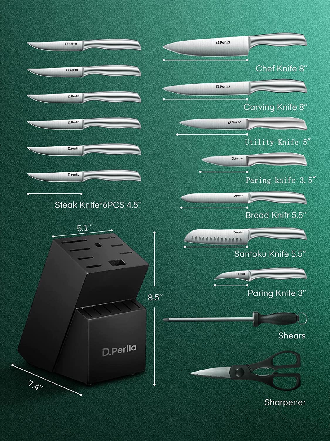 D.Perlla 16 Pieces Stainless Steel Knife Block Set with Hollow Handle, Black