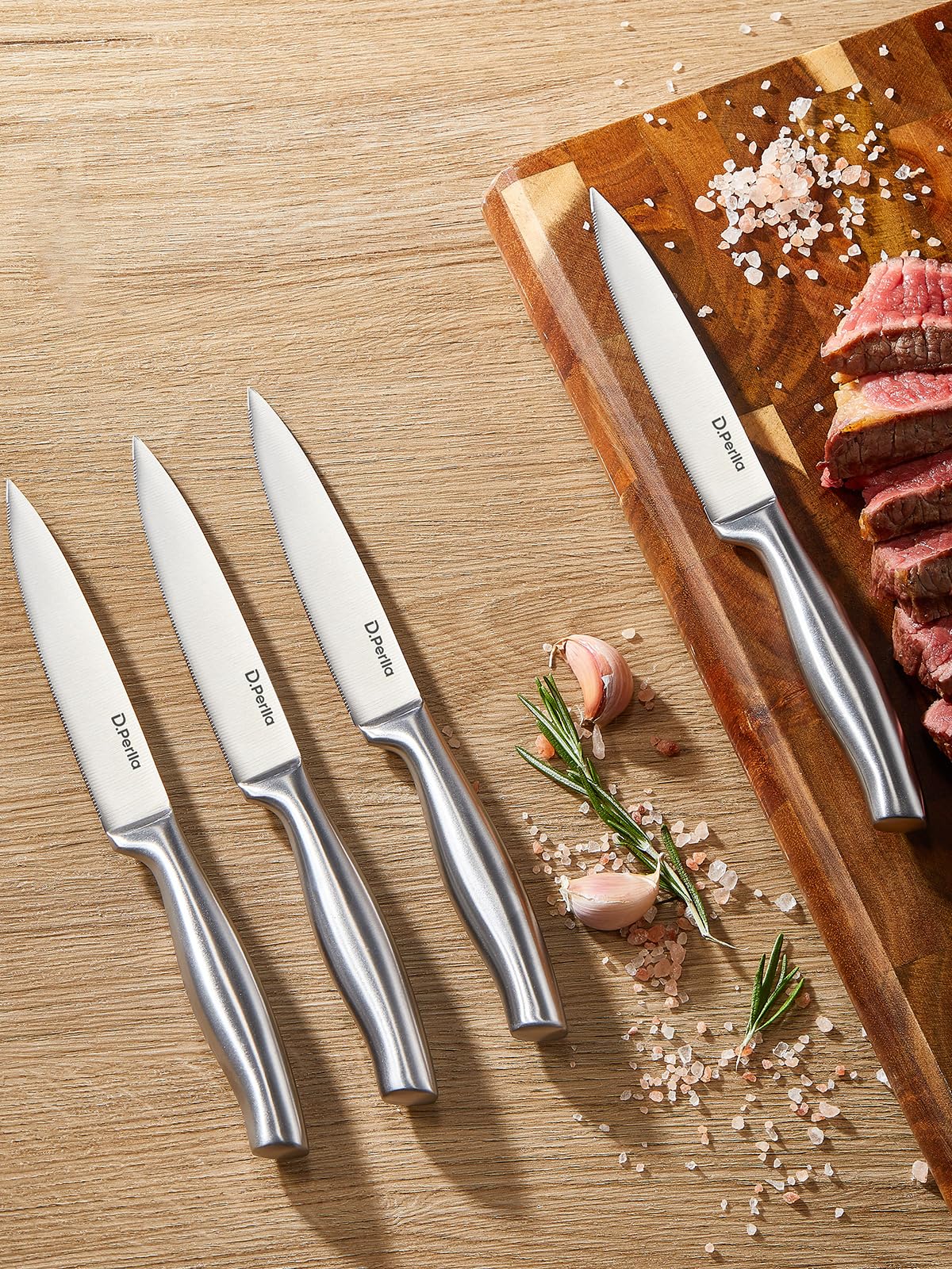 D.Perlla Steak Knives with Clear Acrylic Stand, Steak Knives Set of 8, 4.5 Inch Stainless Steel Steak Knife Set, Sharp Micro-Serrated Steak Knives with Gift Box