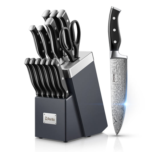 Knife Set, D.Perlla Knife Block Set with Advanced Self-Sharpening Technology, 14-Piece Waved Texture Kitchen Knives, Stainless Steel Knife Set with Block, Razor-Sharp and Full Tang Handle