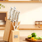 D.Perlla Knife Set, 7 Pieces Carbon Stainless Steel Kitchen Knives Block Set with Built-in Sharpener, White