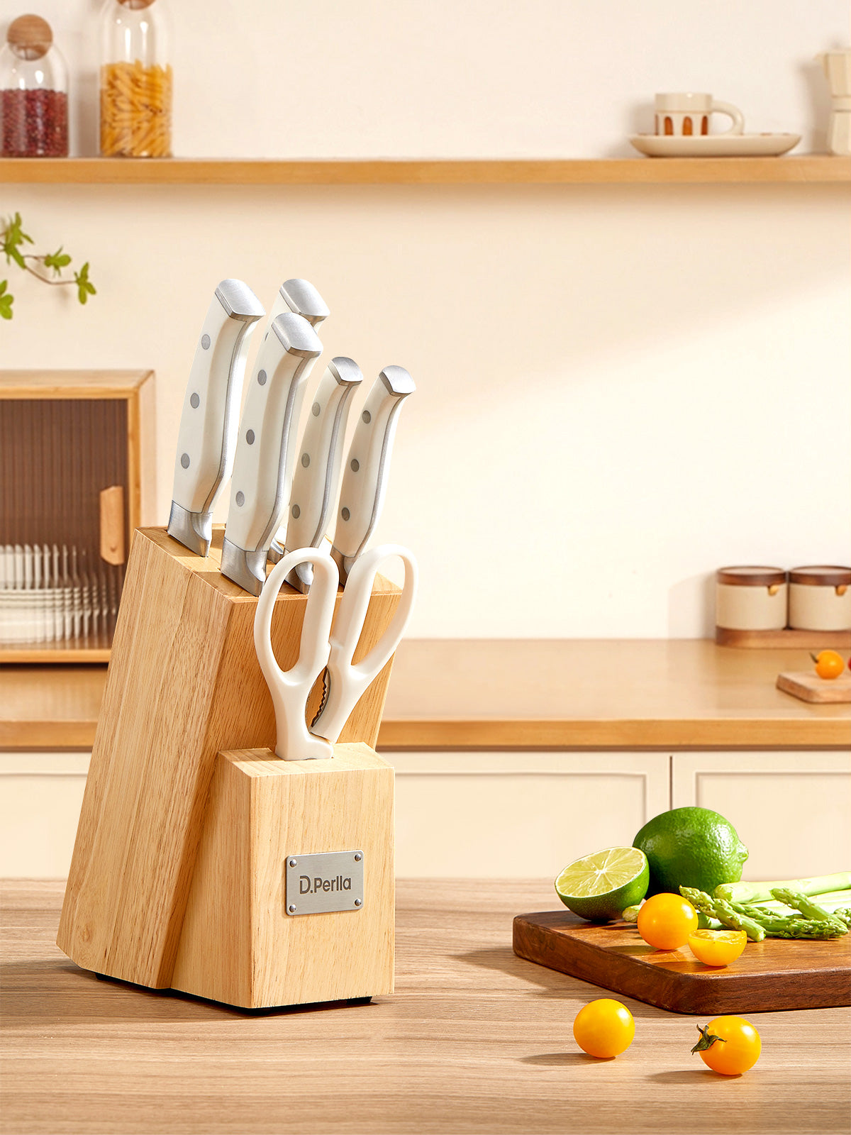 D.Perlla Knife Set, 7 Pieces Carbon Stainless Steel Kitchen Knives Block Set with Built-in Sharpener, White