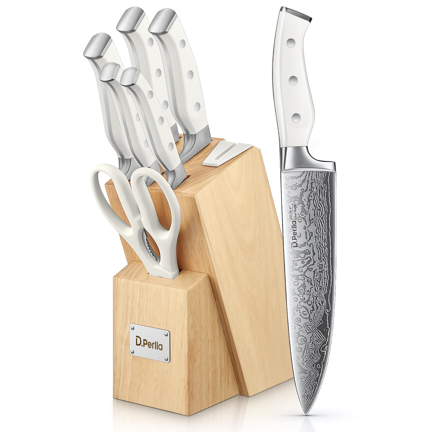 D.Perlla Knife Set, 7 Pieces Carbon Stainless Steel Kitchen Knives Block Set with Built-in Sharpener, White