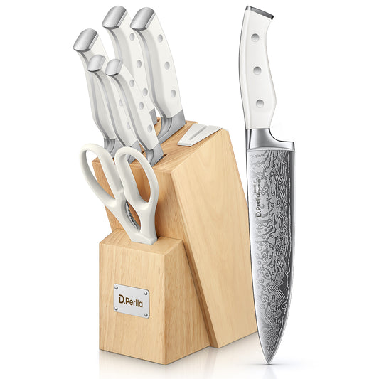 D.Perlla Knife Set, 7 Pieces Carbon Stainless Steel Kitchen Knives Block Set with Built-in Sharpener, White