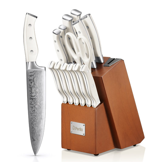 D.Perlla Knife Set, 14 PCS Knife Block Set with Sharpener, Stainless Steel kitchen Knives Set with Unique Waved Pattern, White
