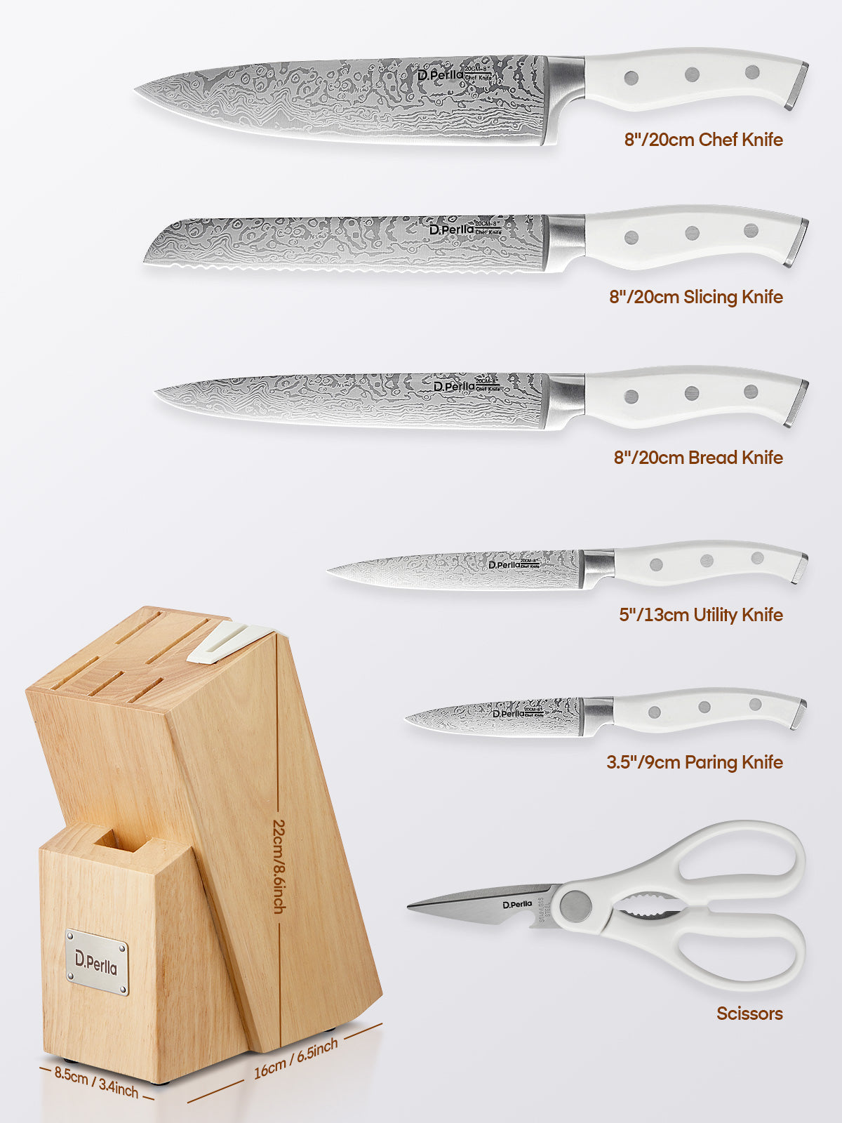 D.Perlla Knife Set, 7 Pieces Carbon Stainless Steel Kitchen Knives Block Set with Built-in Sharpener, White