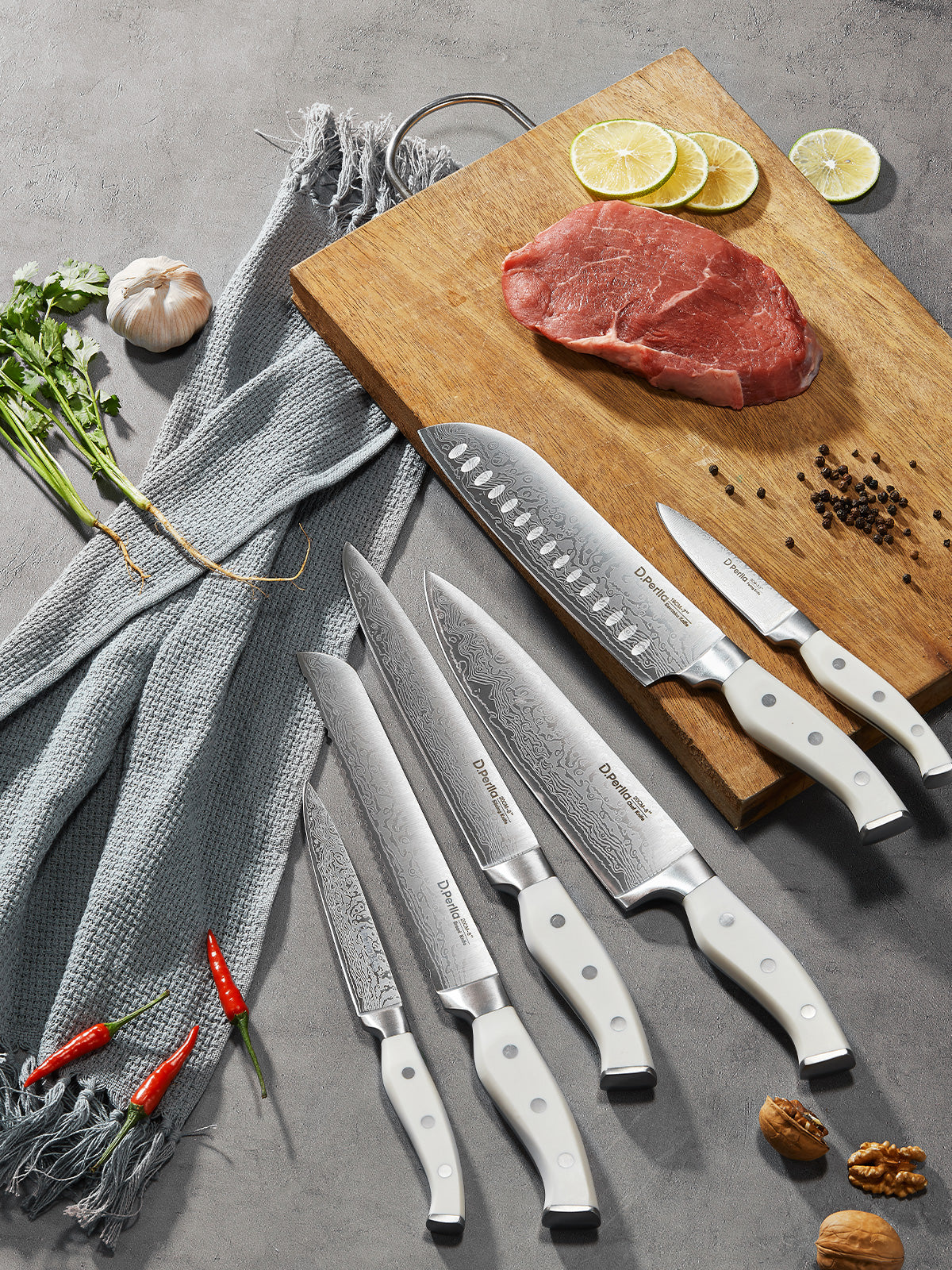 D.Perlla Knife Set, 14 PCS Knife Block Set with Sharpener, Stainless Steel kitchen Knives Set with Unique Waved Pattern, White