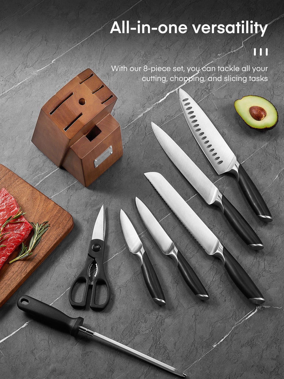 Knife Set, 8-Piece Premium Knife Block Set with High Carbon German Steel, 5 Knives, Sharpening Steel, Multi-Purpose Scissors, Block of Wood, Ergonomic ABS Handle